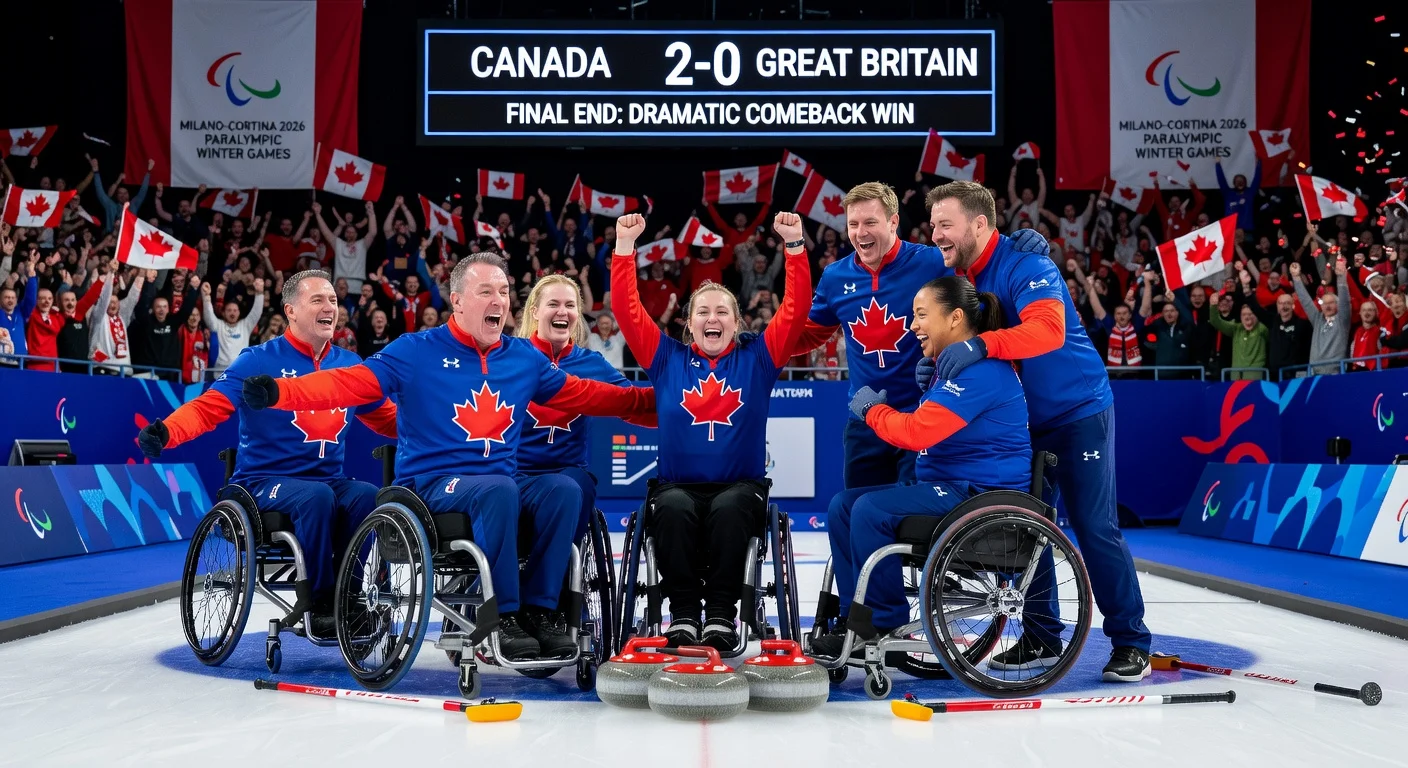 Canadian Paralympic wheelchair curling team celebrates comeback victory over Great Britain on the ice.