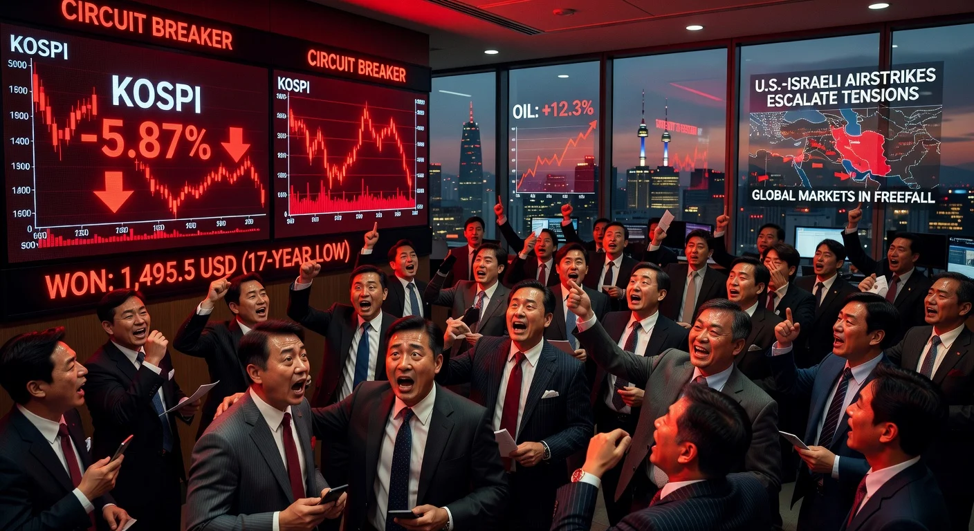 Illustration of panicked South Korean stock traders amid 6% market plunge, oil price spike from Iran crisis, and president's fuel price cap announcement.