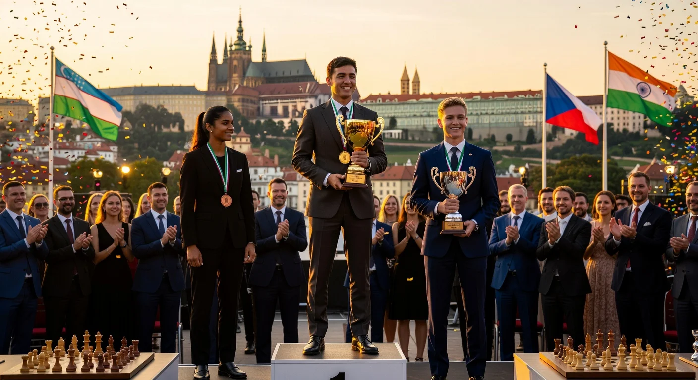 Nodirbek Abdusattorov celebrates unbeaten Prague Masters 2026 victory on podium with trophy, alongside Challengers winner Vaclav Finek and bronze medalist Divya Deshmukh, Prague Castle in background.