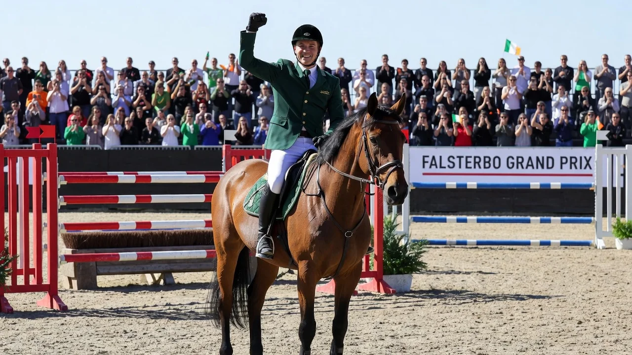 Shane Sweetnam celebrating victory on his horse at the Falsterbo Grand Prix.