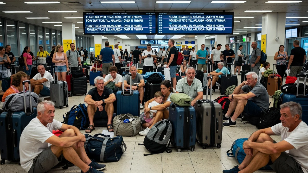 Stranded Swedish passengers waiting in Chania airport terminal due to Ving flight delays.