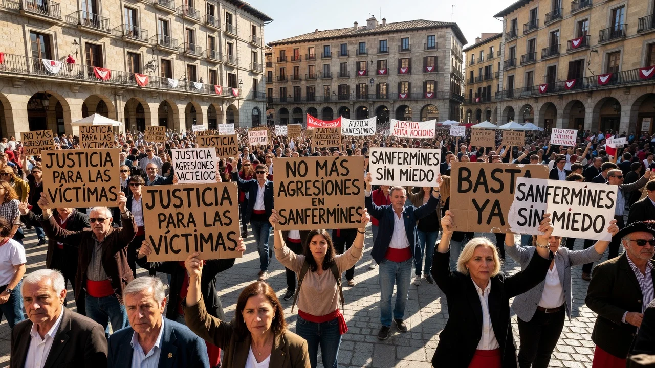 Hundreds of protesters gathered in Pamplona's Plaza del Castillo holding signs against sexual assault during the Sanfermines festival.