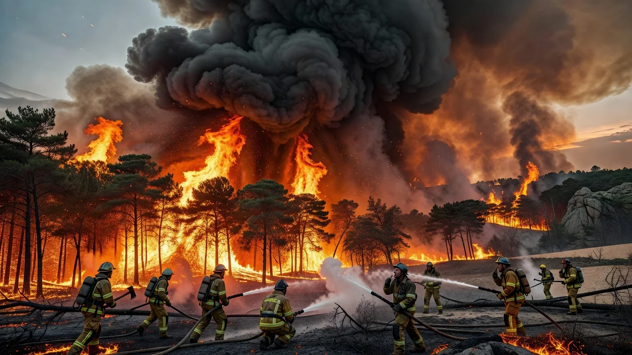 Realistic image of wildfire in Fontainebleau forest with flames and smoke for news article
