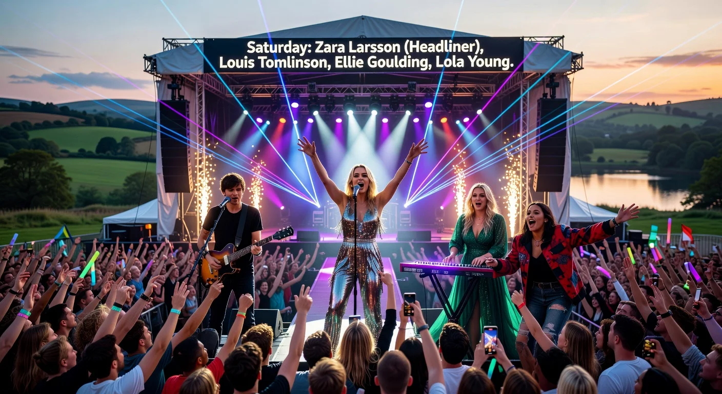Vibrant illustration of Zara Larsson headlining BBC Radio 1 Big Weekend 2026 Saturday lineup with Louis Tomlinson, Ellie Goulding, and Lola Young at Herrington Country Park.