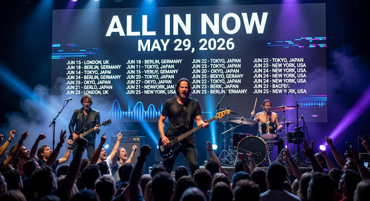 Keanu Reeves and Dogstar performing live on stage, promoting new album 'All in Now', music video, and world tour.