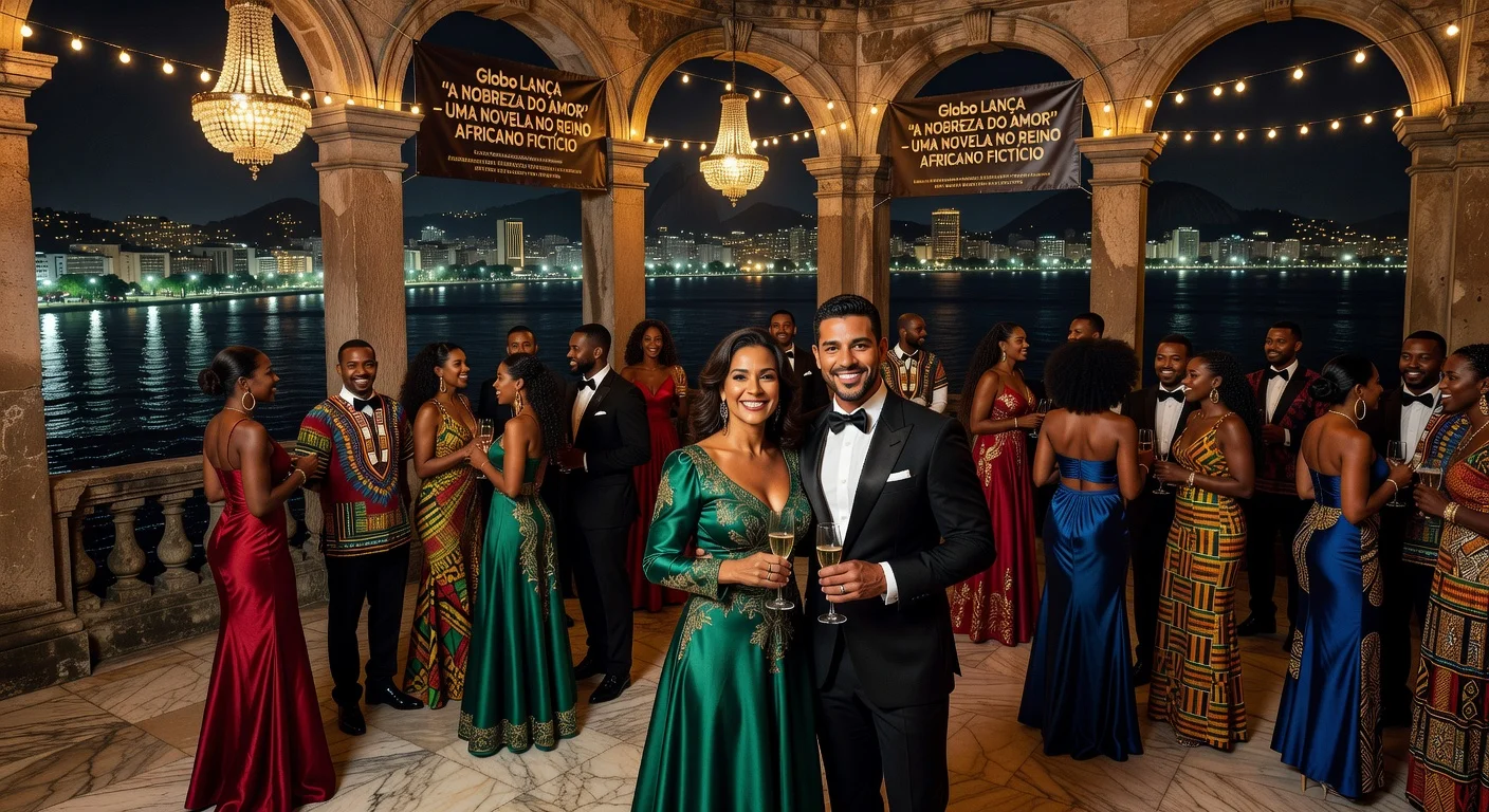 Launch party for novela 'A Nobreza do Amor' on Ilha Fiscal, Rio, featuring cast including Rita Batista and Lázaro Ramos.