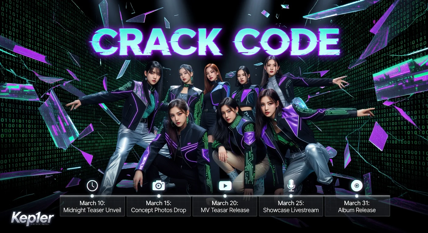 Kep1er six-member group's 'CRACK CODE' teaser poster announcing detailed comeback schedule for March 31 album release.