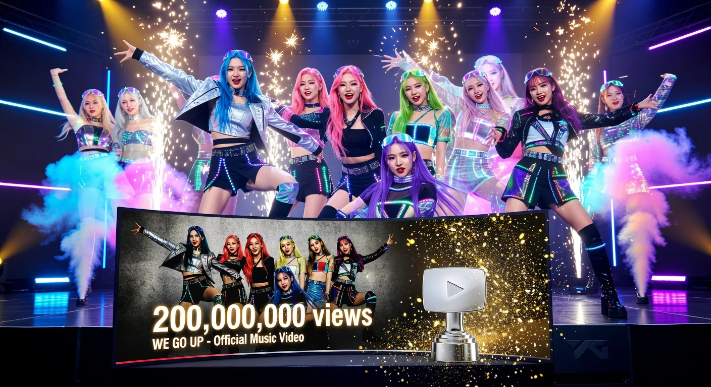 BABYMONSTER girl group on stage celebrating 'WE GO UP' music video surpassing 200 million YouTube views, with glowing milestone counter.