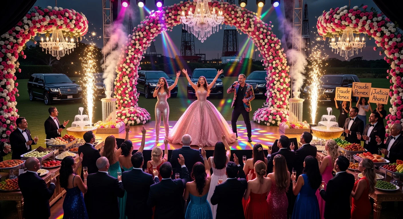 Photorealistic illustration of María Fernanda Guerrero's opulent 15th birthday party with celebrities Belinda and J Balvin, amid controversy over alleged Pemex fraud ties.