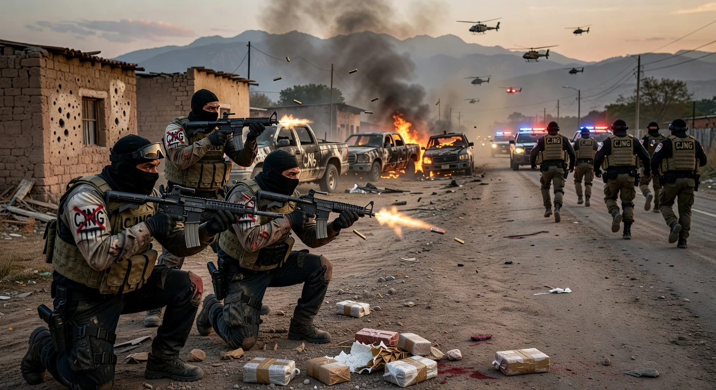 Dramatic illustration of Los Viagras betraying CJNG in Michoacán amid escalated violence and police intervention after El Mencho's death.