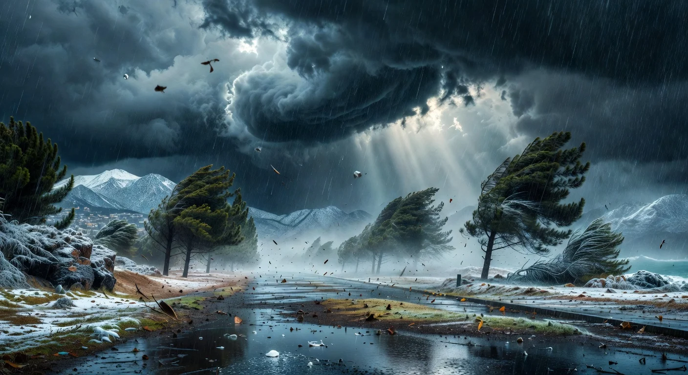 Dramatic photorealistic scene of heavy rain, strong winds, and mountain snow from winter storm and cold front 40 in northern Mexico.