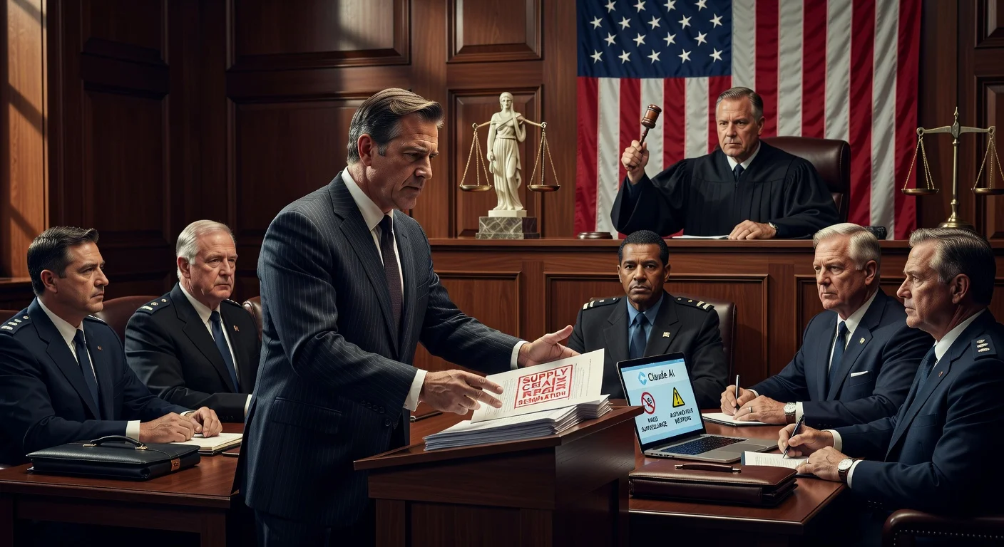 Courtroom illustration of Anthropic suing the US DoD over AI supply-chain risk label, featuring executives, documents, and Claude AI elements.