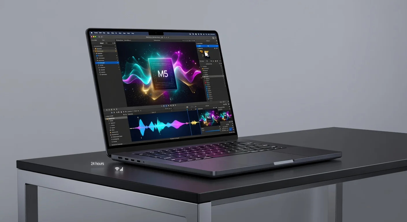 Photorealistic illustration of the 2026 Apple 16-inch MacBook Pro highlighting M5 chip GPU enhancements, premium display, and long battery life for a tech news article.