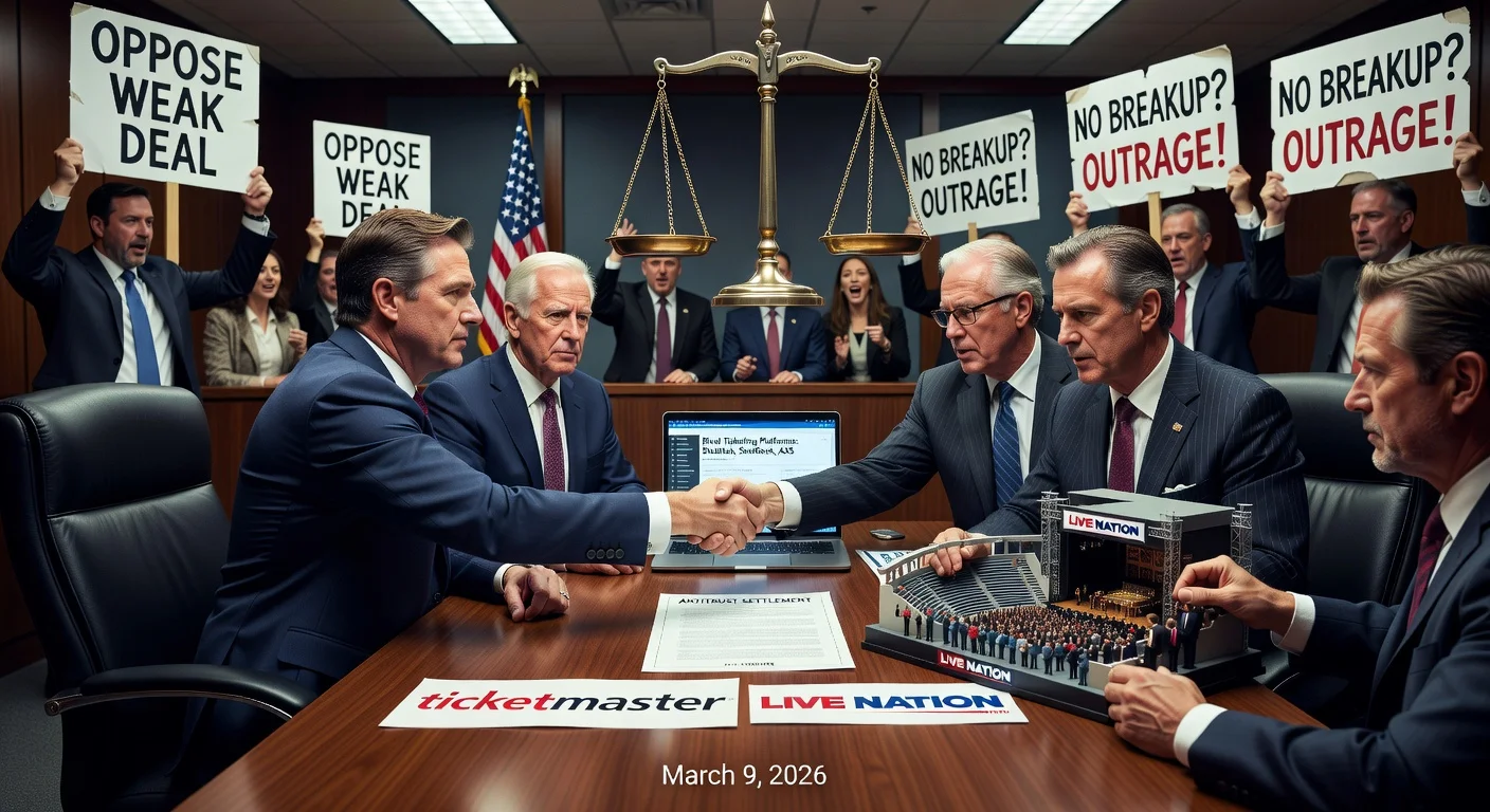 Illustration of Live Nation-DOJ antitrust settlement handshake avoiding Ticketmaster split, with amphitheater sales and disapproving state AGs.