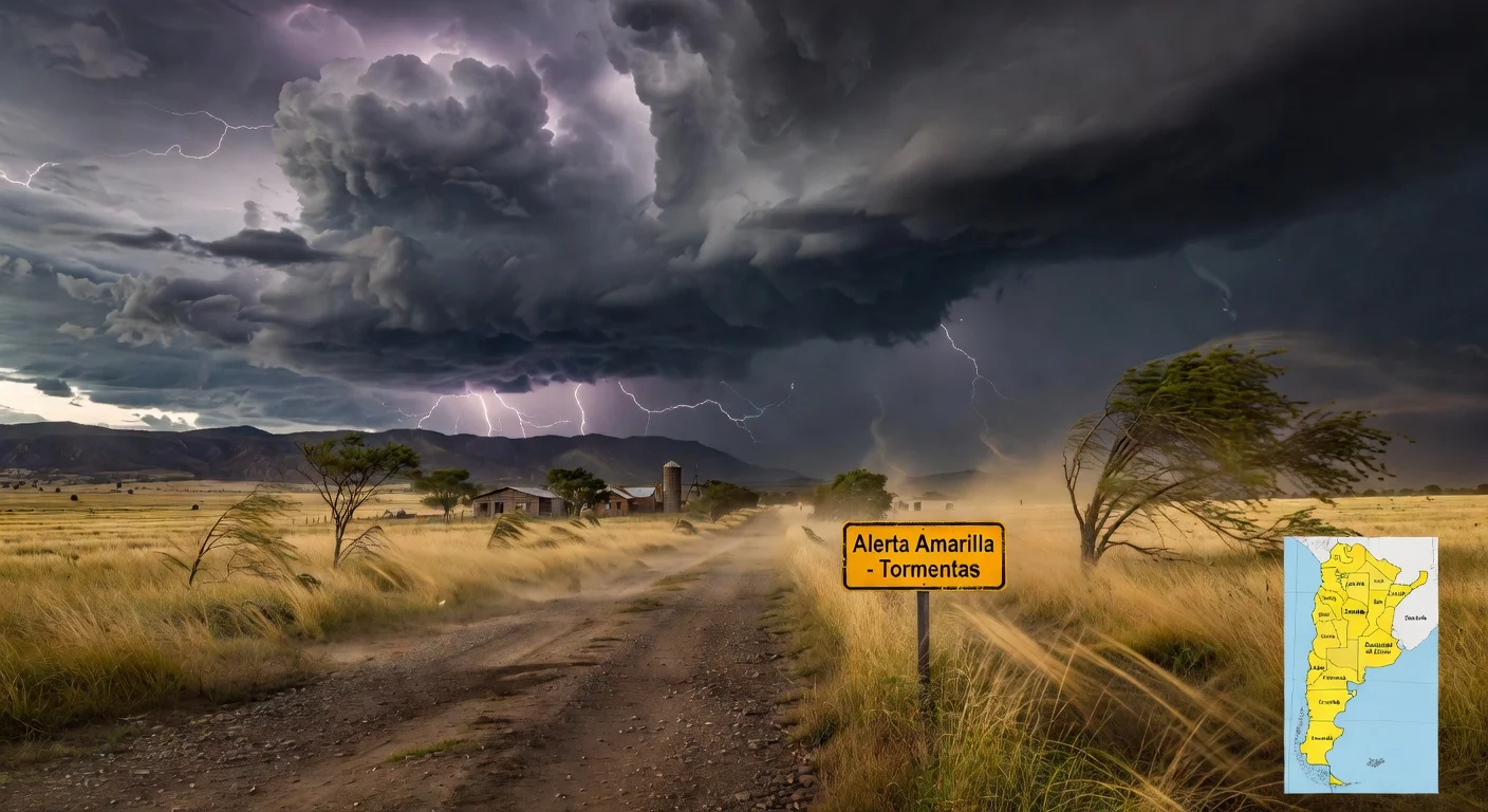 Dramatic stormy sky over Argentine pampas with yellow weather alert map, illustrating storm warnings in multiple provinces.