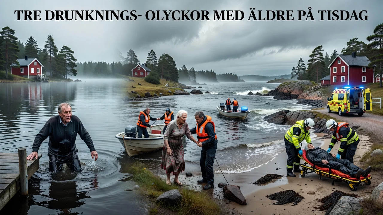 Illustration depicting three drowning accidents of elderly individuals at different locations in Sweden.