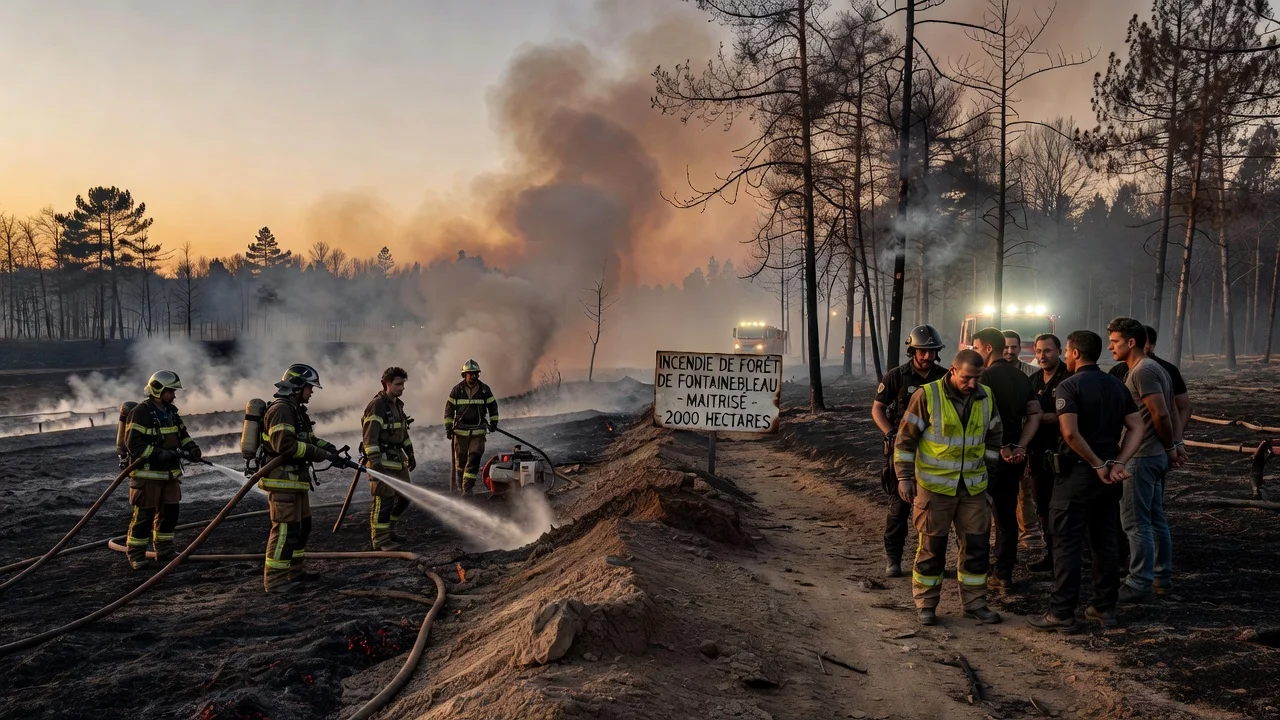 Firefighters and police at the Fontainebleau forest fire scene with detained suspects