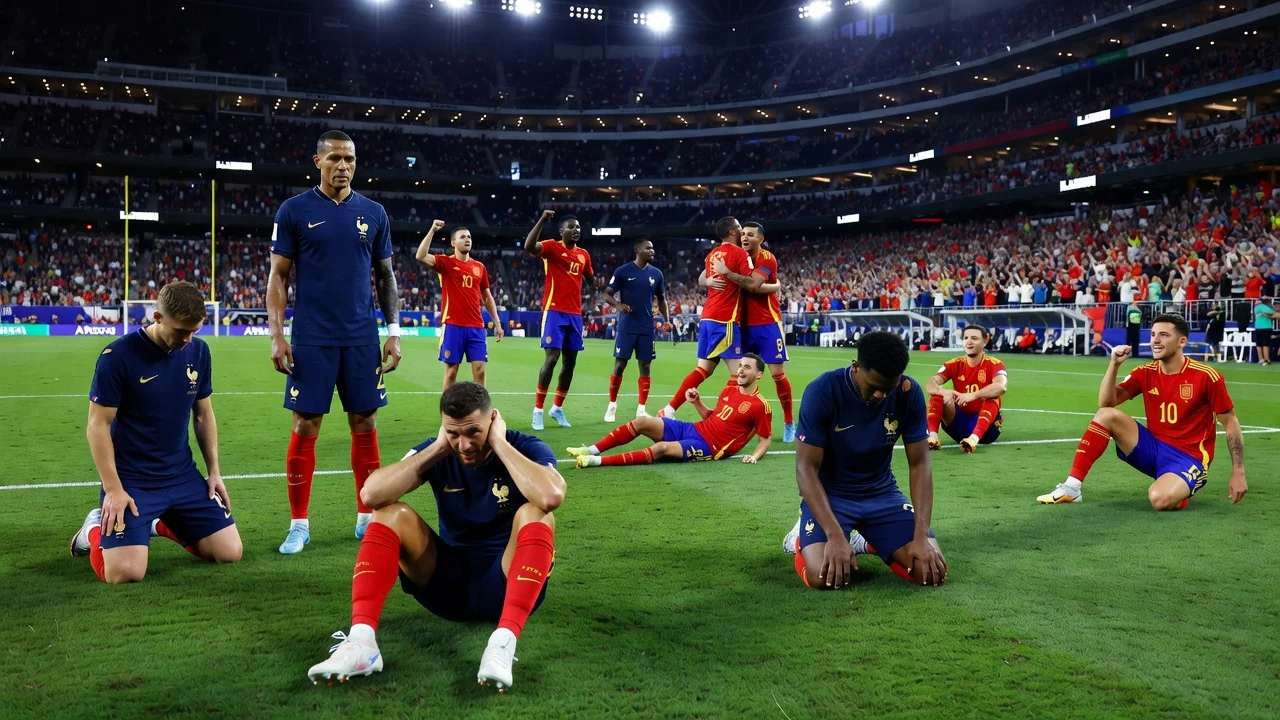 Dejected French soccer players after defeat to Spain in World Cup semi-final