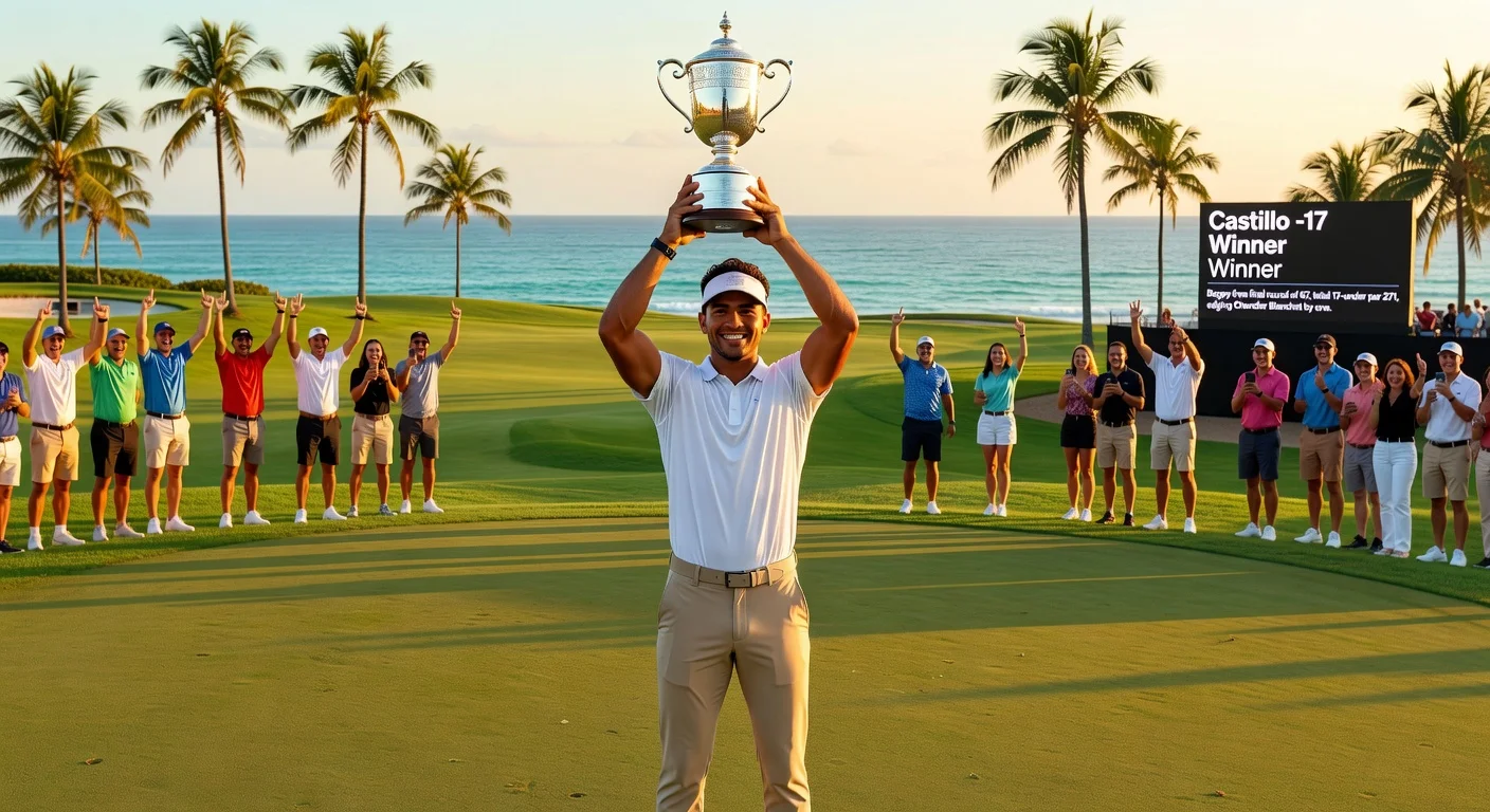 Ricky Castillo celebrates his first PGA Tour victory, holding the trophy on the 18th green at the 2026 Puerto Rico Open.