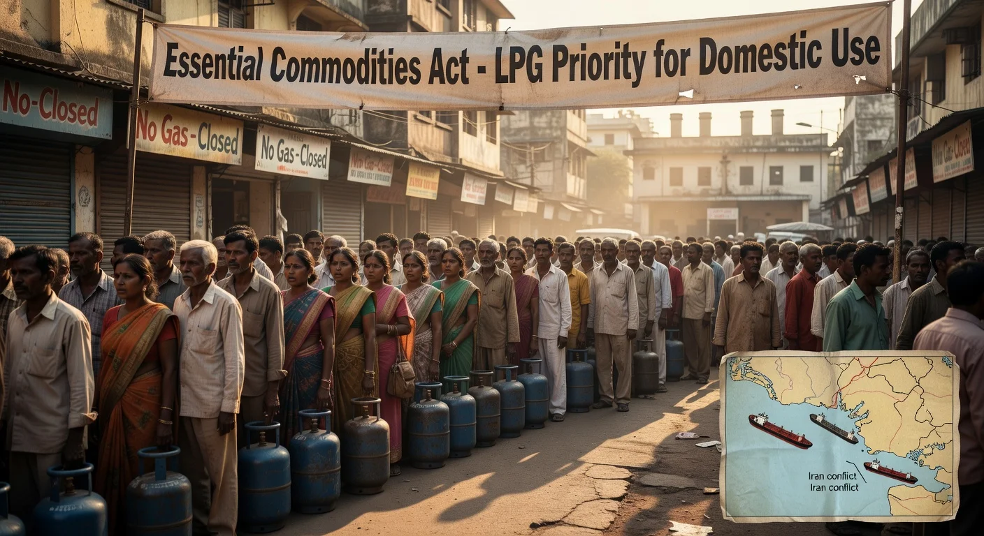 Indian crowds queue for scarce LPG cylinders amid crisis from Iran conflict, with closed hotels and government priority signs.