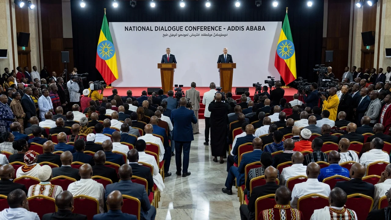 Conference hall in Addis Ababa with thousands listening to the Peace Minister and Chief Commissioner.