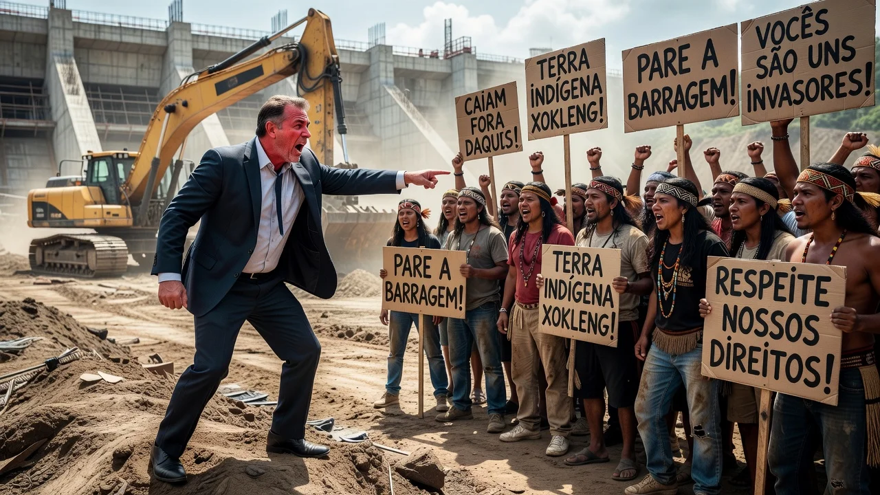 Illustration of Santa Catarina governor confronting indigenous protesters at dam construction site.