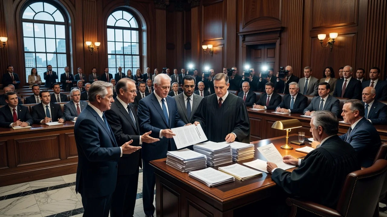 Courtroom illustration of antitrust lawsuit blocking Paramount-Warner Bros. Discovery merger