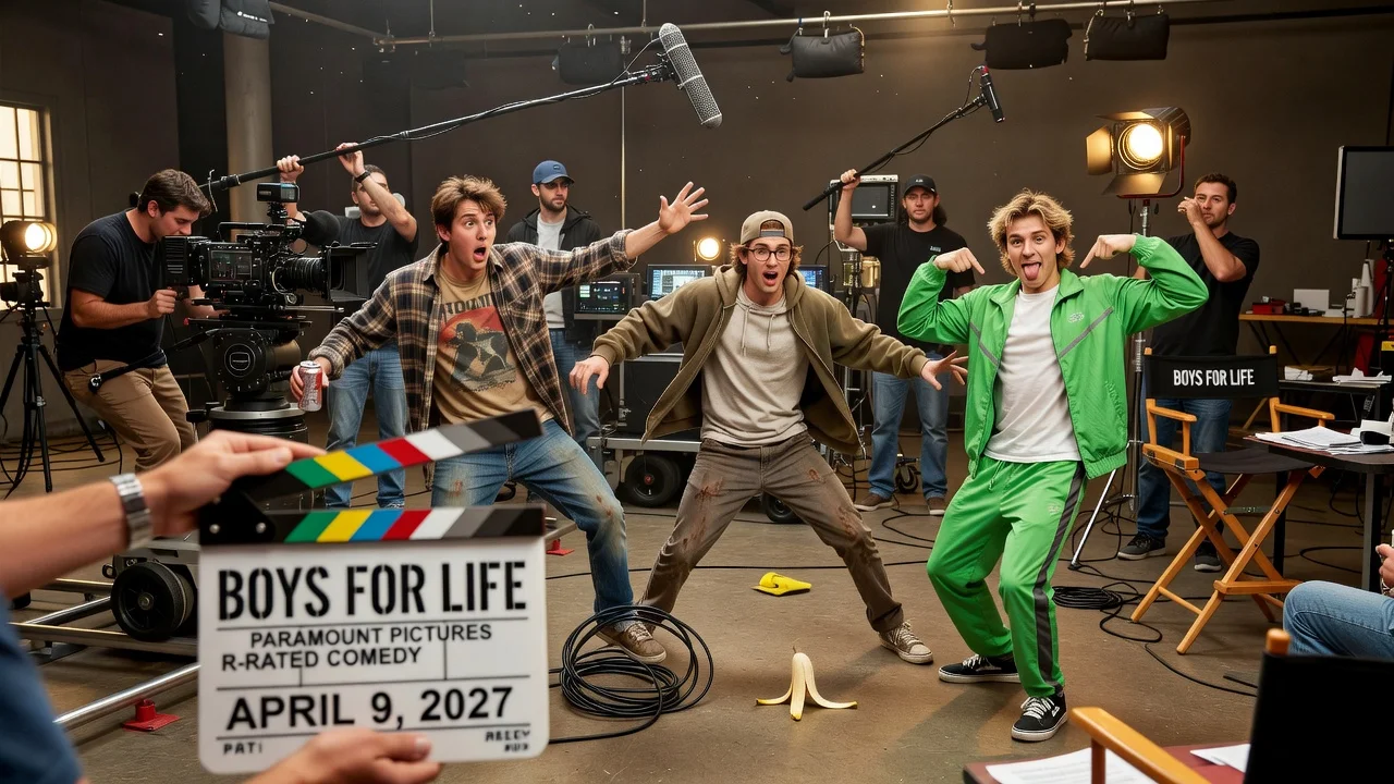 Illustration of Paramount's 'Boys for Life' comedy film production set with 2027 release announcement.