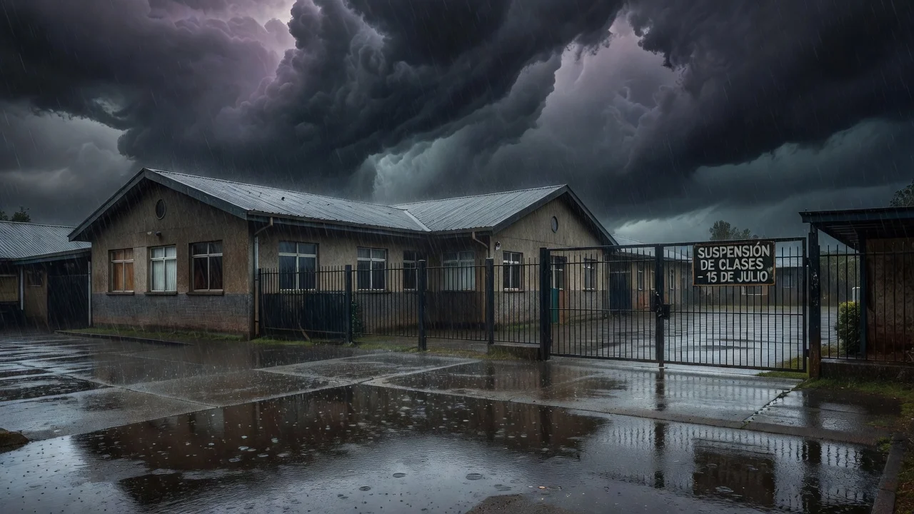 Empty school in rainy Biobío region with closed gates due to weather suspension of classes.