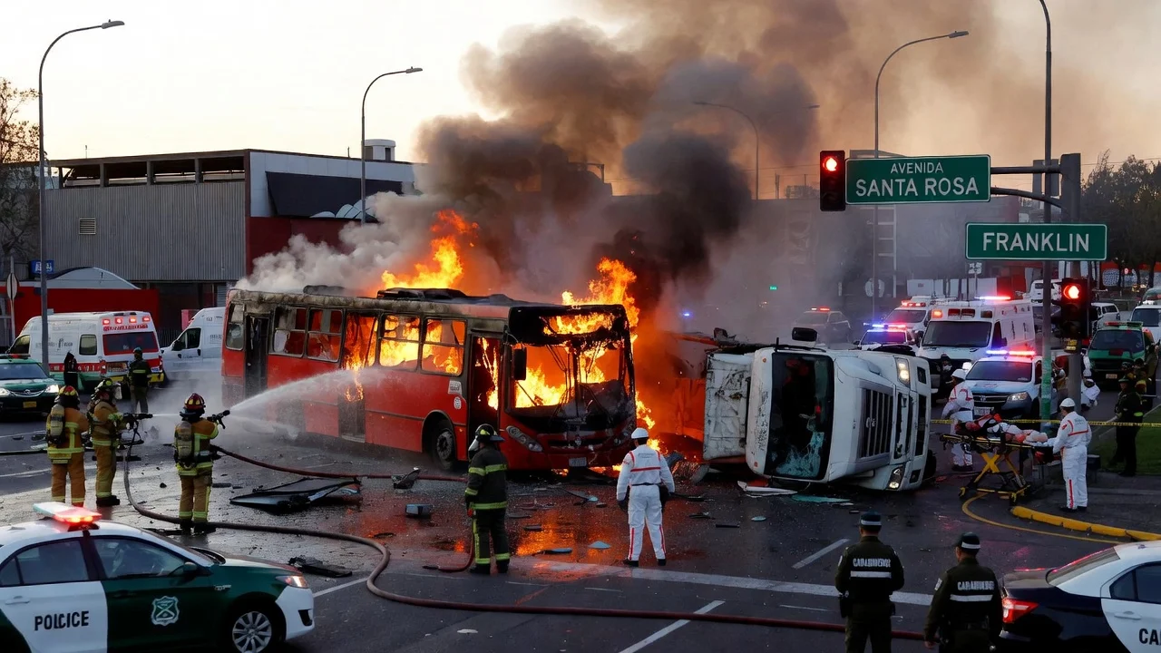 A red bus on fire after a collision with a truck at a city intersection in Santiago, with emergency services responding.