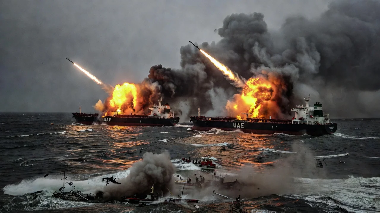 Dramatic scene of Iranian attack on UAE tankers in Strait of Hormuz with explosions.