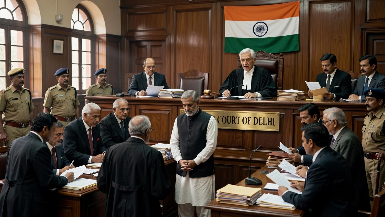 Courtroom scene of Tahir Hussain's conviction in the Ankit Sharma murder case.