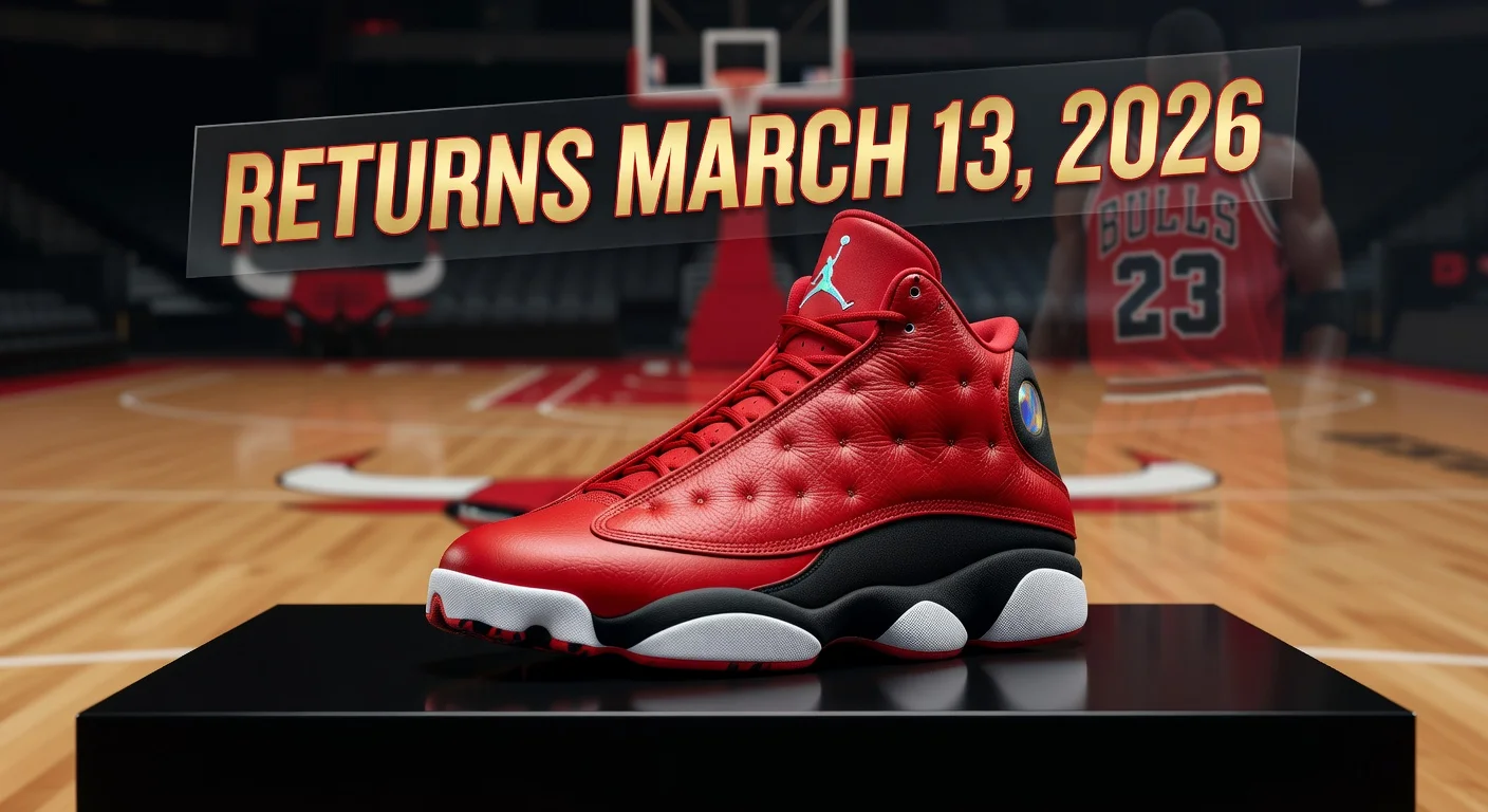 Air Jordan 13 'Chicago' Retro sneakers in True Red/Cherry, detailed product shot with March 13, 2026 release info for news article.