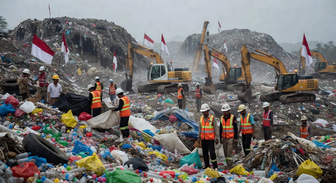 Rescue teams conclude operation at Bantargebang trash landslide site, with all 13 victims accounted for amid piles of waste.