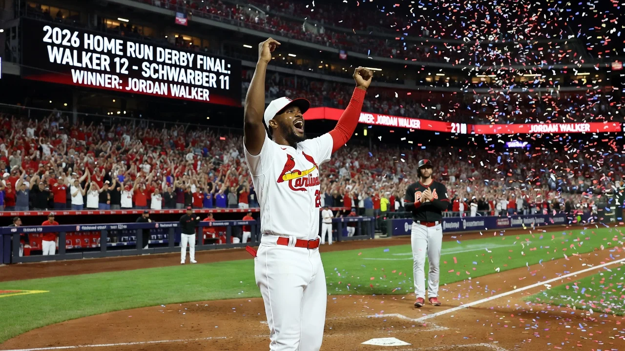 Jordan Walker celebrating his 2026 Home Run Derby victory at Citizens Bank Park