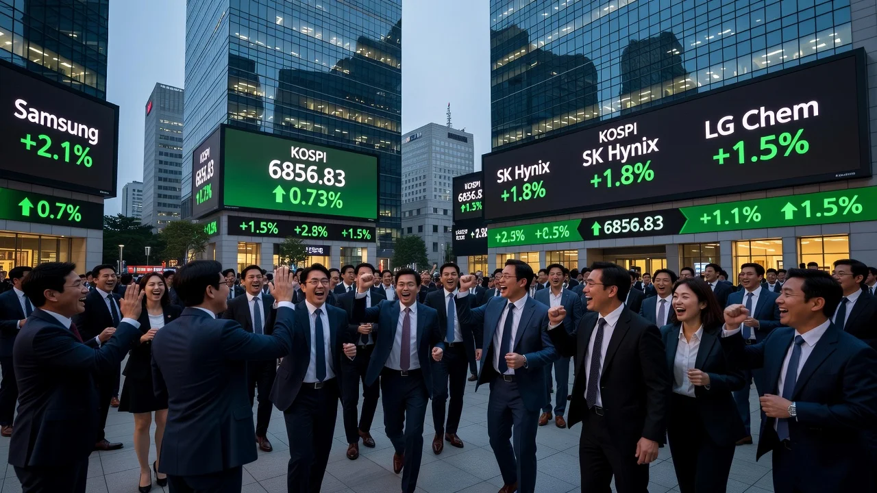Illustration of Seoul shares rising on tech rebound with KOSPI at 6856.83