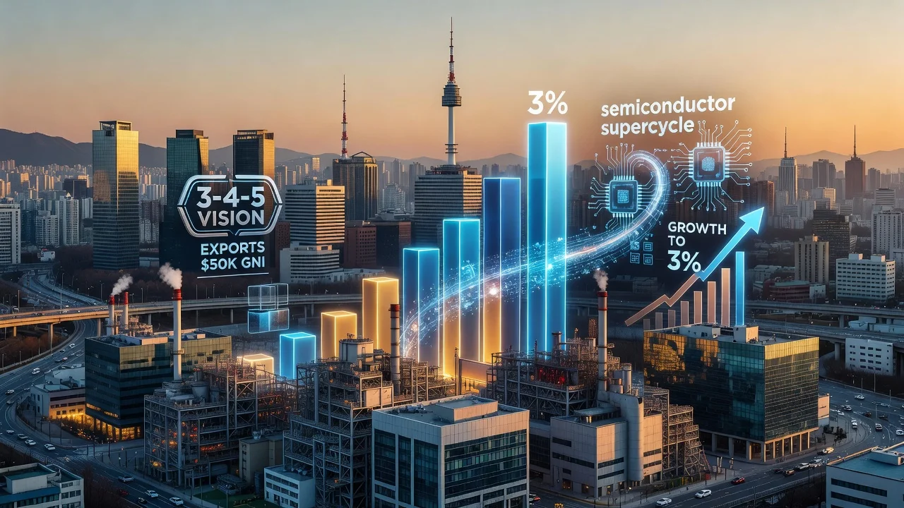 Illustration of South Korea raising economic growth outlook with Seoul skyline and tech elements