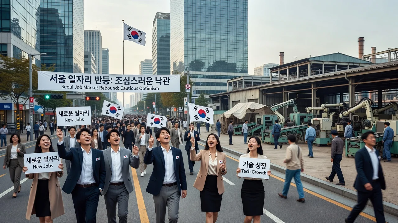 A realistic illustration showing South Korea's job growth in services against manufacturing decline in Seoul.