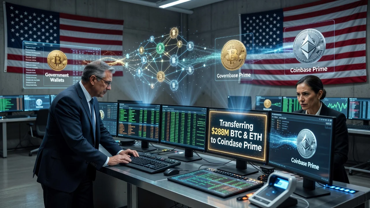 Illustration of US government moving seized cryptocurrency to Coinbase Prime
