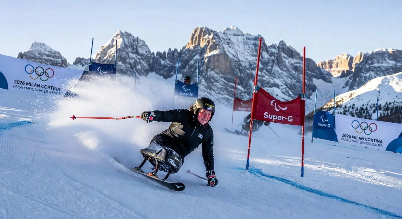 Oregon Paralympians Anna Soens (4th) and Ravi Drugan (13th) racing in para alpine sitting super-G at Milan Cortina 2026 Paralympics.