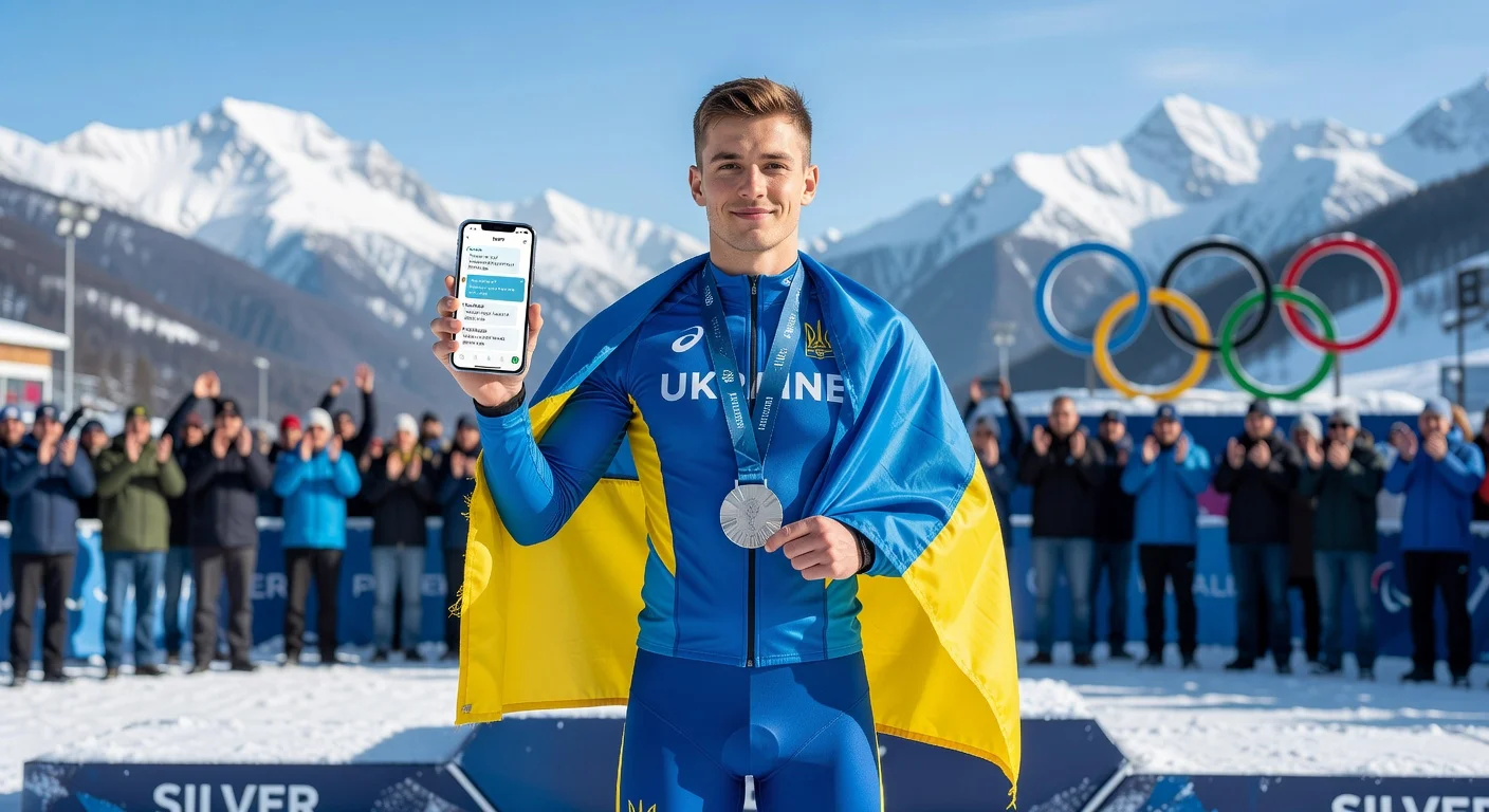 Ukrainian para-biathlete Maksym Murashkovskyi celebrates silver medal at 2026 Winter Paralympics, holding phone with ChatGPT that aided his training.