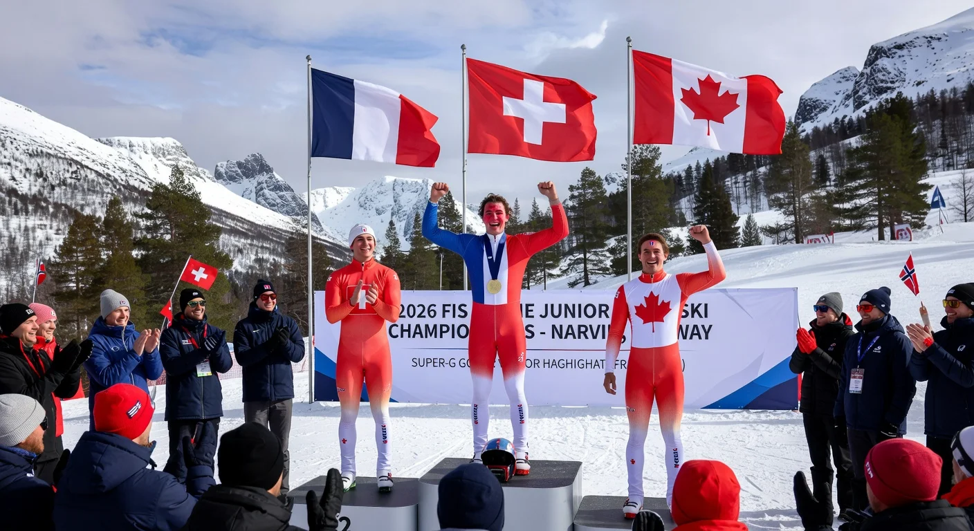 Victor Haghighat of France on gold podium with super-G medalists from Switzerland and Canada at Junior World Ski Championships in Narvik, Norway.