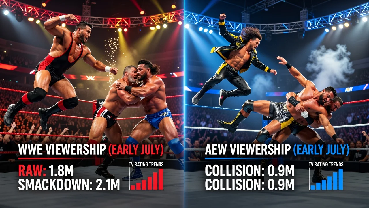 Split-screen image of WWE and AEW wrestling matches with overlaid viewership numbers for a news article about ratings.