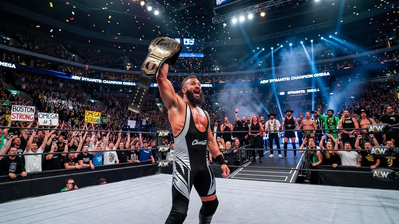 Illustration of Kenny Omega celebrating his championship at AEW Dynamite live in Boston.