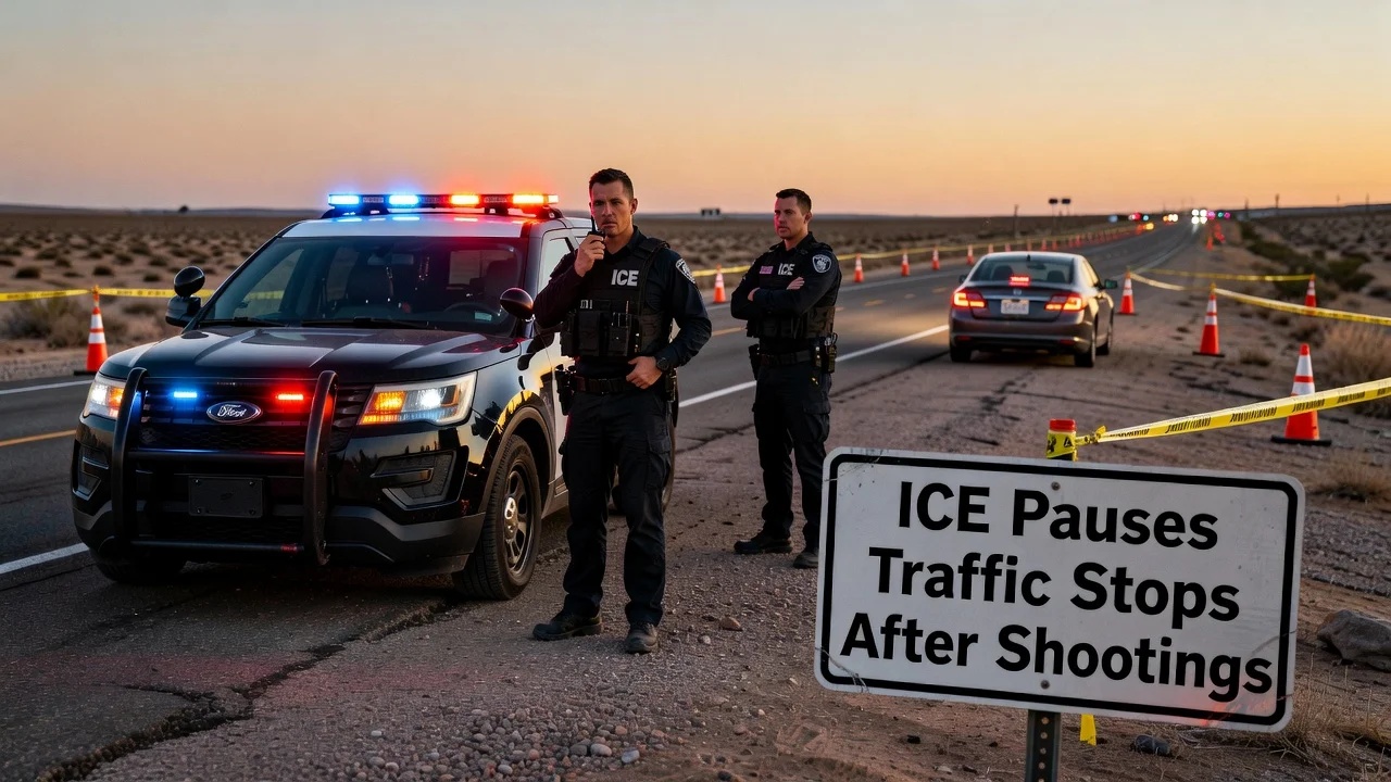 ICE agents standing by a stopped vehicle on a highway at dusk with caution tape and lights, illustrating the pause in traffic stops after shootings.