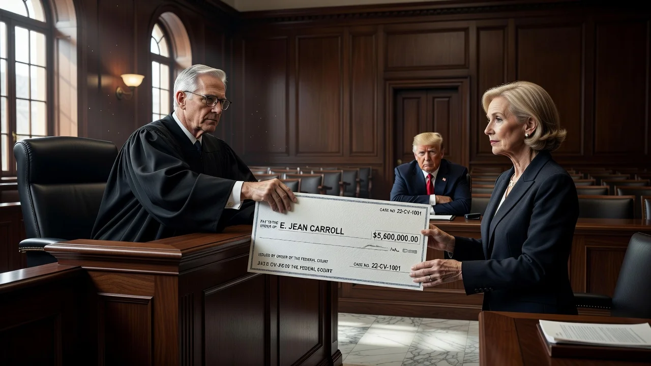 Illustration of courtroom money transfer in Trump-Carroll case for news article