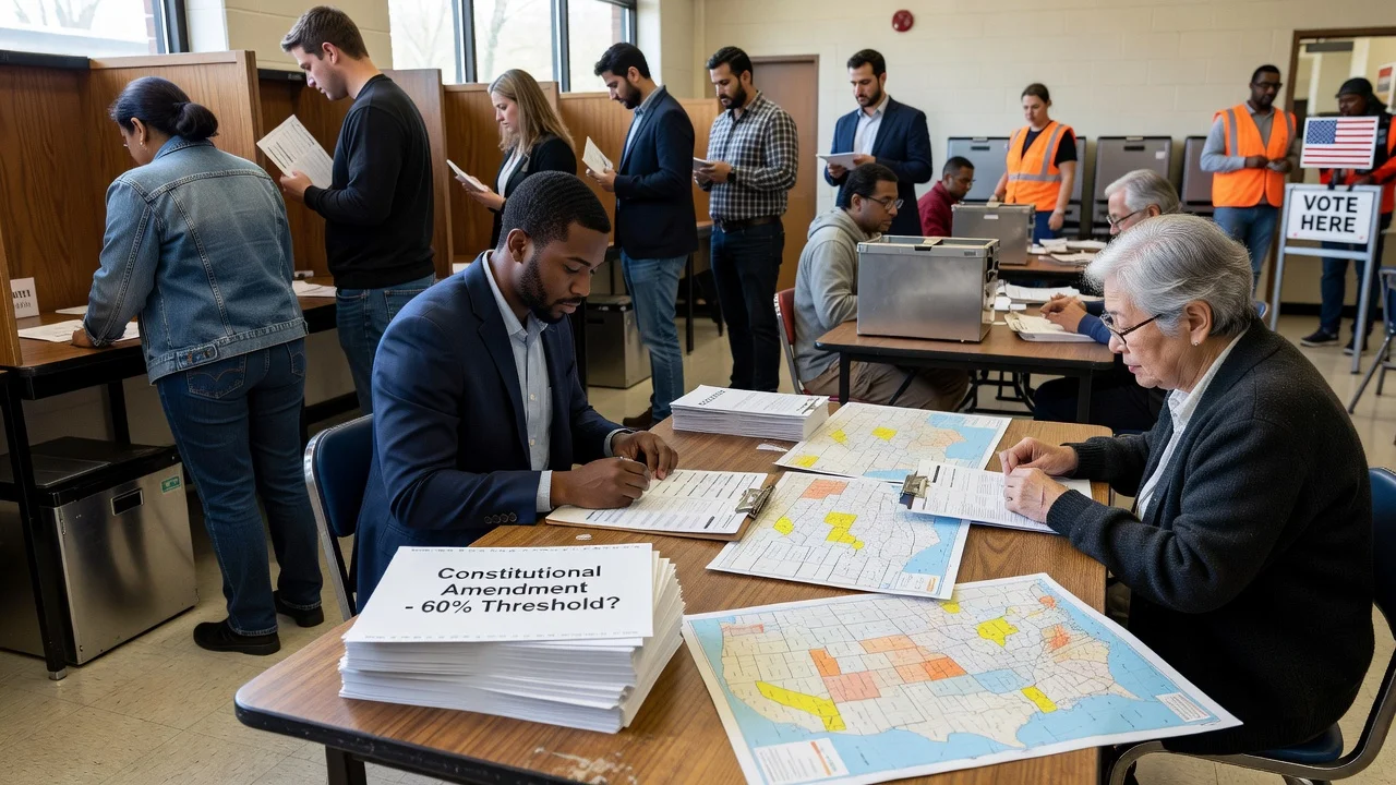 Voters at a polling station considering higher thresholds for state constitutional amendments