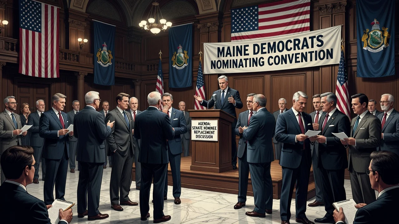 Maine Democratic officials at a convention discussing a new Senate nominee replacement.