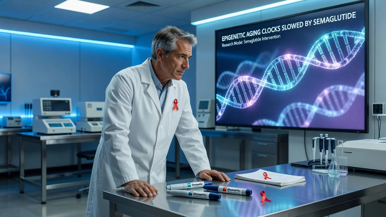 A laboratory scene with a scientist examining DNA models and semaglutide medication, illustrating research on epigenetic aging in HIV patients.