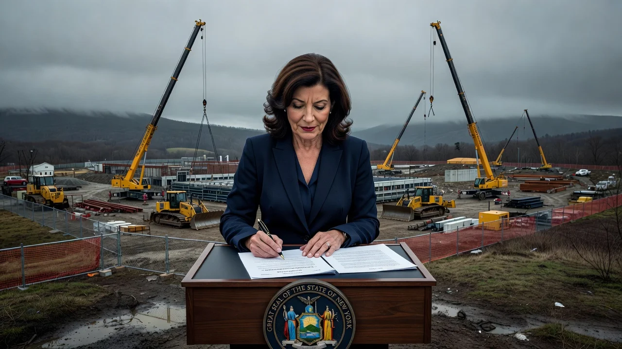 Photorealistic image of Gov. Hochul signing data center pause order with halted construction site in background